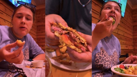 A collage featuring a Dallas food blogger eating various items at a Texas Roadhouse restaurant. The right and left images depict her biting into food, while the middle image shows a raw burger.