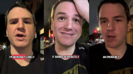 Three images of a man in New York City, walking in the evening and discussing his lack of friends as an emergency.