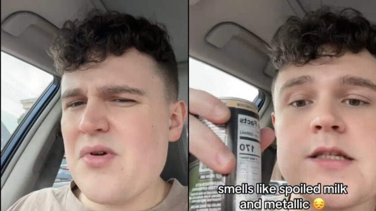 Texas Shopper Buys Spoiled Black Rifle Canned Coffee: ‘Bro, That Smells So Bad!’ Two photos of a male sitting in his vehicle in Texas. He's wearing a tan t-shirt. The text on the right image indicates his beverage smells metallic and like spoiled milk.