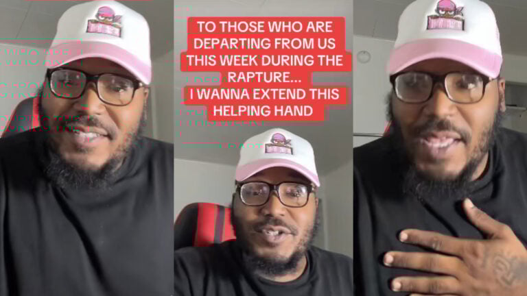 Pennsylvania Influencer Makes Fun of Rapture Fanatics: ‘Marked Safe From Religious Psychosis.’ A three-picture collage of a Pennsylvania man in a white and pink hat. He's wearing a black hat and sitting in a gaming chair. Text on the middle image indicates he has a message for those who believe that the rapture will be taking place this week.