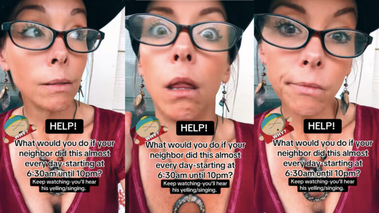 Texas Woman at Wits End With Drunken Neighbor’s Antics: ‘Do You Hear This?’ Three photos of a woman in Texas. She's wearing a black wide brim hat, eyeglasses, and a bright red v-neck tshirt. Text on the images details her neighbor's loud music and drunken behavior, and asks the public for their help.