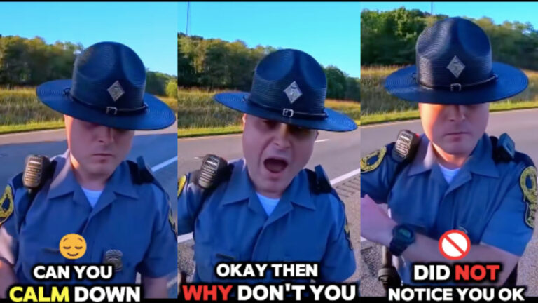A Virginia state trooper yells at a trucker for his delay pulling over.