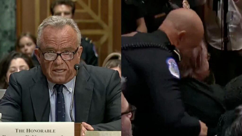 Protestor Interupts RFK Jr.’s Hearing: ‘You’re Killing Millions Of People’ RFK Jr. in court (left) Woman yelling in court (right)