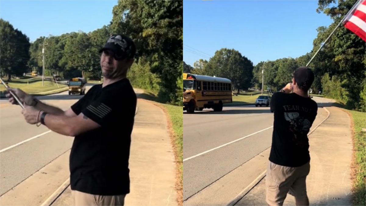 Virginia Man Waves Flag And Rants About Trans Kids While Screaming Obsenities Outside Local School: ‘He’s Got A Lot Of Big Feelings’