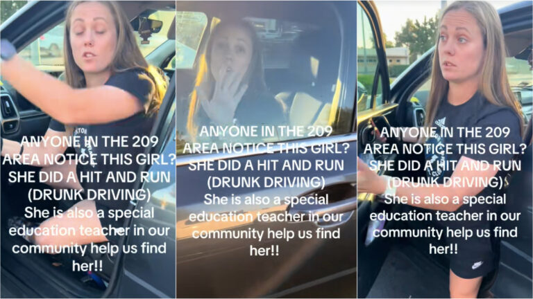 California Teacher Defended Online After Leaving Accident Scene Looking Drunk: ‘She Did the Right Thing – She Was Scared’ A woman identified as a California teacher is shown in three photos outside and inside a truck at an accident scene, with text on the images accusing her of a hit and run and noting she works in special education teacher in the 209 area.