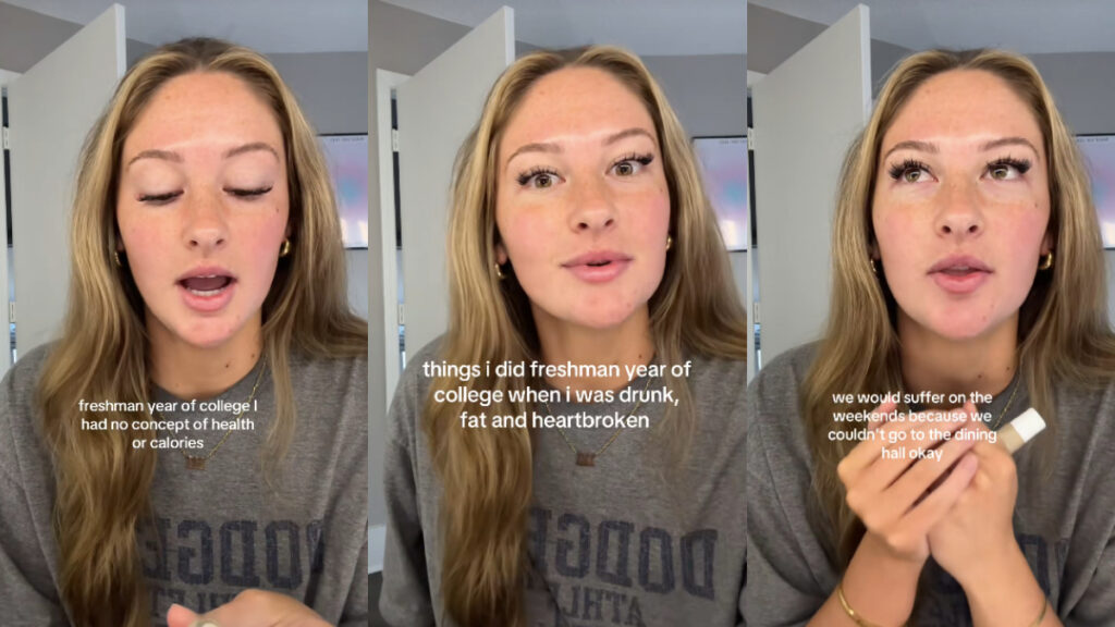 Chicago Influencer Shares Former Weight Gain Struggles as a First Year College Student: ‘It Was the Freshman 45 for Me!’ Three images depicting a blonde haired female influencer from Chicago, Illinois. SHe is wearing a gray tshirt. Text on the images indicates she's telling a story about the mistakes she made during her freshman year in college and how they contributed to her weight gain.