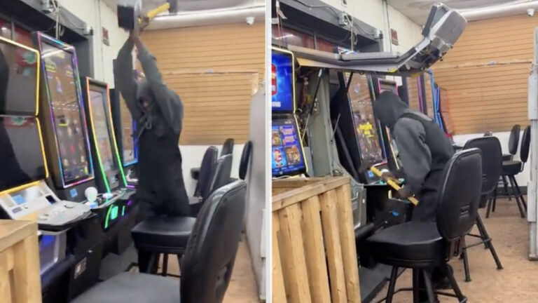 Hooded Atlanta Vigilante Smashes Slot Machines with Sledgehammer