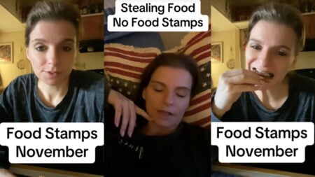 Three photos of a blonde woman in New Jersey who is wearing a dark colored t-shirt and discussing different aspects of SNAP benefits.