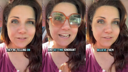 Three photos of a brunette female influencer from North Carolina. She's wearing a fuschia top, and in the middle image, also a pair of oversized sunglasses. Text on the images indicates she's addressing ignorant doubters online.