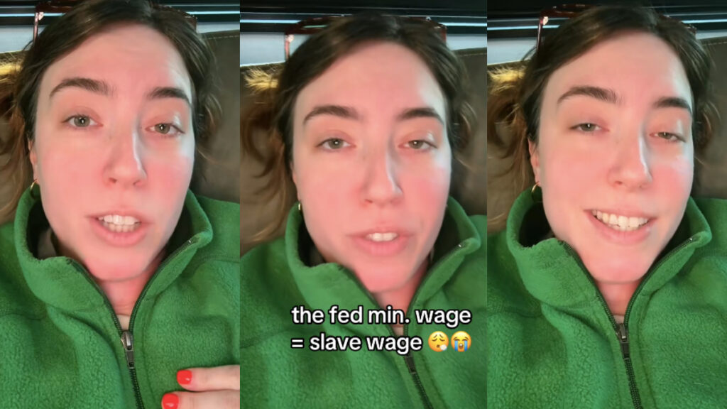 Oregon Content Creator Calls for Nationwide Livable Wages: ‘We as a Society Are Treated Like Modern Slaves’ Three photos of a female TikTok creator from Oregon. She's wearing a green zippered vest. Text on the images indicates she's comparing federal minimum wages to slave wages.