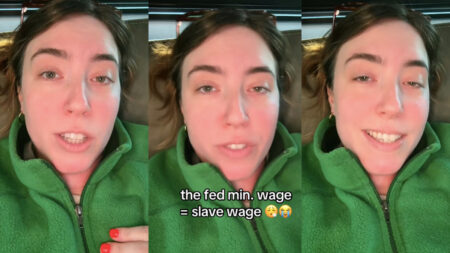 Three photos of a female TikTok creator from Oregon. She's wearing a green zippered vest. Text on the images indicates she's comparing federal minimum wages to slave wages.