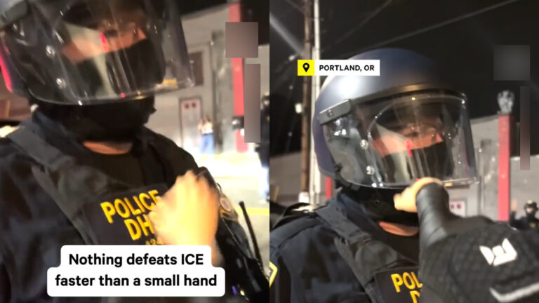 Oregon Protester Mocks DHS Official With Miniature Hand Gag: ‘Way to Go Portland!’ Oregon Protester Mocks DHS Official With Miniature Hand Gag: ‘DHS - Doesn’t Have Sex’