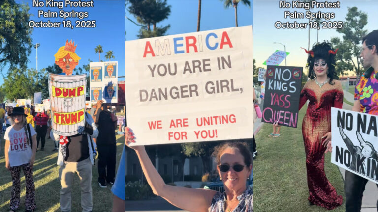 Palm Springs Protester Shares Favorite No Kings Day Signs: ‘So Empowering, Honestly!’ Three images depicting Palm Springs protesters displaying various empowering signs in front of a large crowd at a No Kings Day event in Florida.