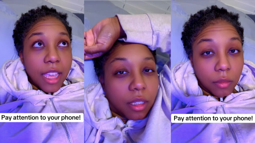 Three photos of a Black woman who works as an Uber driver in Phoenix, Arizona. She is lying in bed and wearing a light gray hoodie. Text on the images indicates she wants passengers to pay attention to their phones.