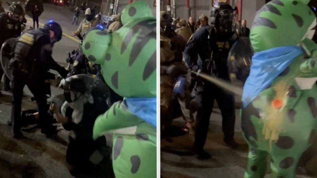 Portland Police Pepper-Sprays Breathing Vent of Protester in Frog Suit for Helping Another Officer: ‘Highly Dangerous and Absolutely Uncalled For’ Portland Police Pepper-Sprays Breathing Vent of Protester in Frog Suit for Helping Another Officer