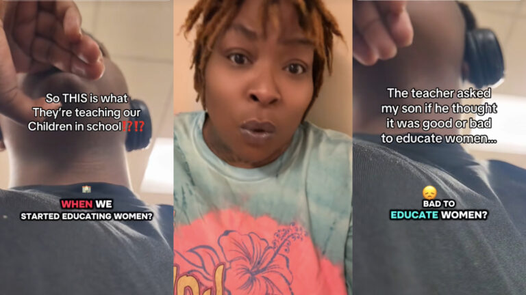 Three images regarding an incident inside a Georgia classroom. The right and left images are still shots from a Black male student in a gray shirt, who recorded his teacher's misogynistic remarks. The middle image is of the student's mother, who made the video public on TikTok. She is wearing a mint -colored shirt with a large orange flower printed on the front.