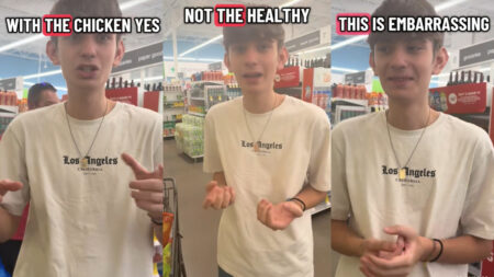 Three pictures of a male exchange student wearing a white tshirt inside a Texas Walgreens. Text indicates a mixup over chicken dinner.