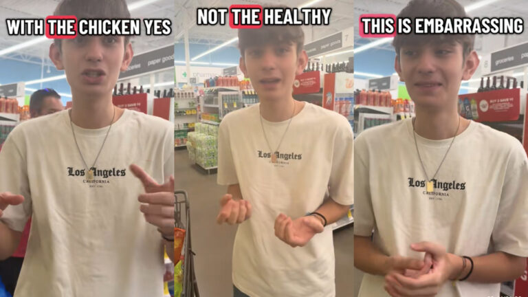 Texas Exchange Student Requests Special Dinner, Is Misunderstood: ‘This Is Embarrassing!’ Three pictures of a male exchange student wearing a white tshirt inside a Texas Walgreens. Text indicates a mixup over chicken dinner.