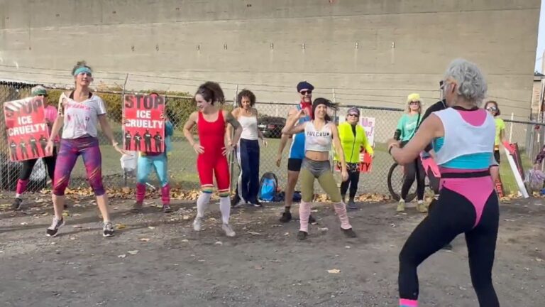 “My God, war-ravaged Stumptown is really getting bad!” Neon-Clad Protestors Get Creative With 80s-Themed Jazzercise Protest Outside Portland ICE Facility Portland protestors jazzercise outside ICE facility