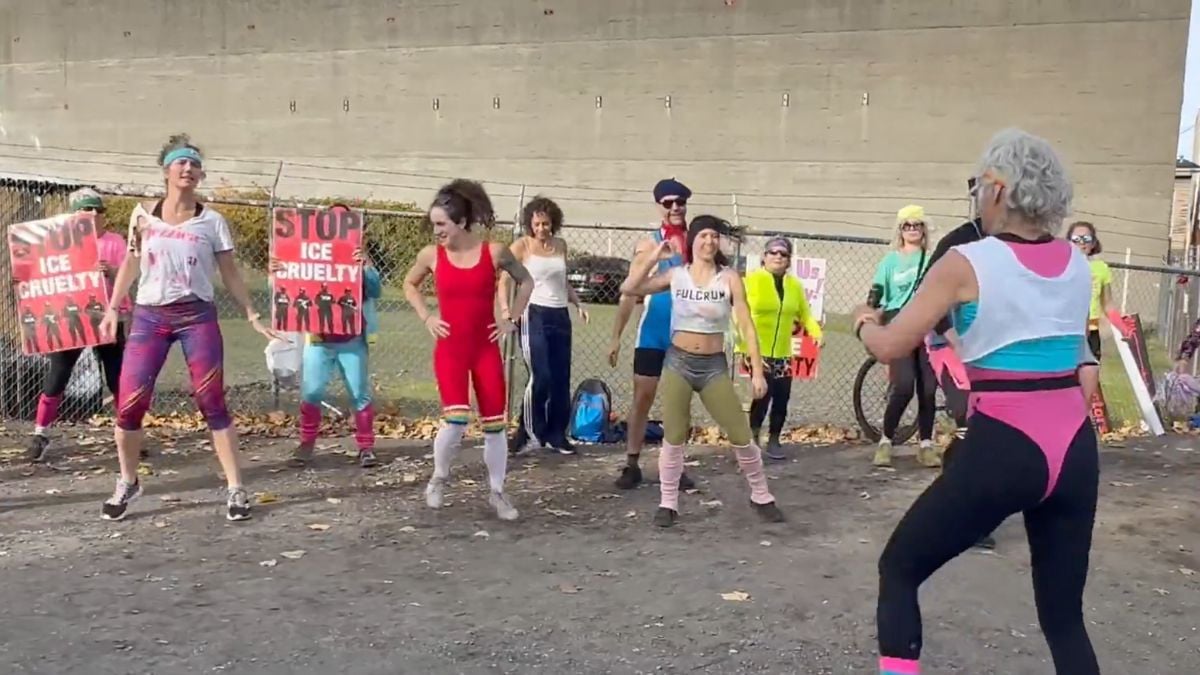 “My God, war-ravaged Stumptown is really getting bad!” Neon-Clad Protestors Get Creative With 80s-Themed Jazzercise Protest Outside Portland ICE Facility